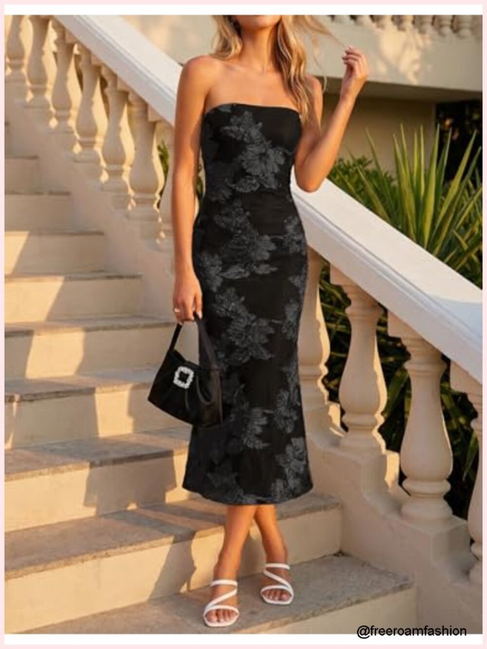 Strapless Floral Bodycon Mesh Midi Dress w/ Non-Slip Strips - Picture 2 of 6